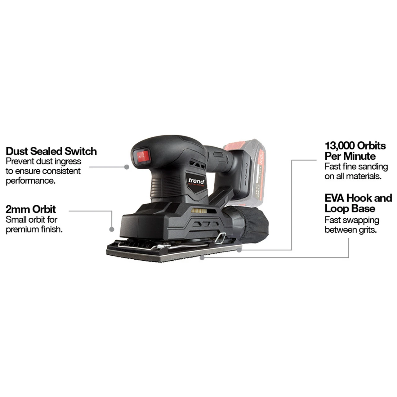 Trend T18S/TSSB 18V Brushless 1/3 Sheet Sander + Charger (1 X 2.0Ah Battery) 9 Trend T18S/TSSB 18V Brushless 1/3 Sheet Sander + Charger (1 X 2.0Ah Battery) - Image 7